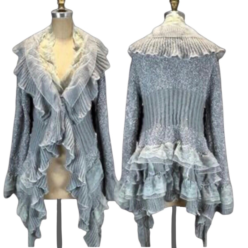 Lace Ruffle Whimsigoth Sweater Long Knit Cardigan Fairycore Boho Romantic 2XL